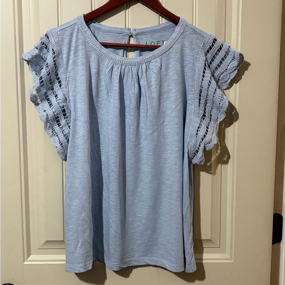 LOFT Blue Crochet Flutter Top Shirt NWT - Picture 2 of 9